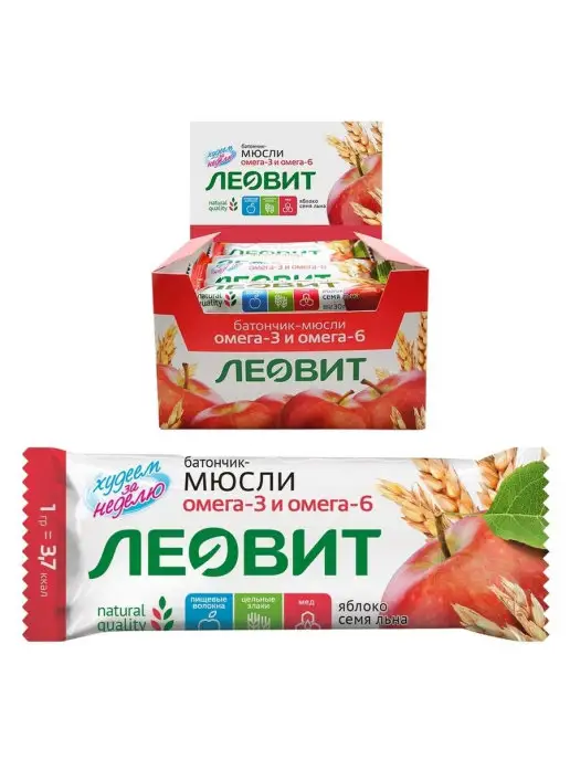 ЛЕОВИТ Батончик мюсли с яблоком и семенем льна, 26штx30г, 30 г