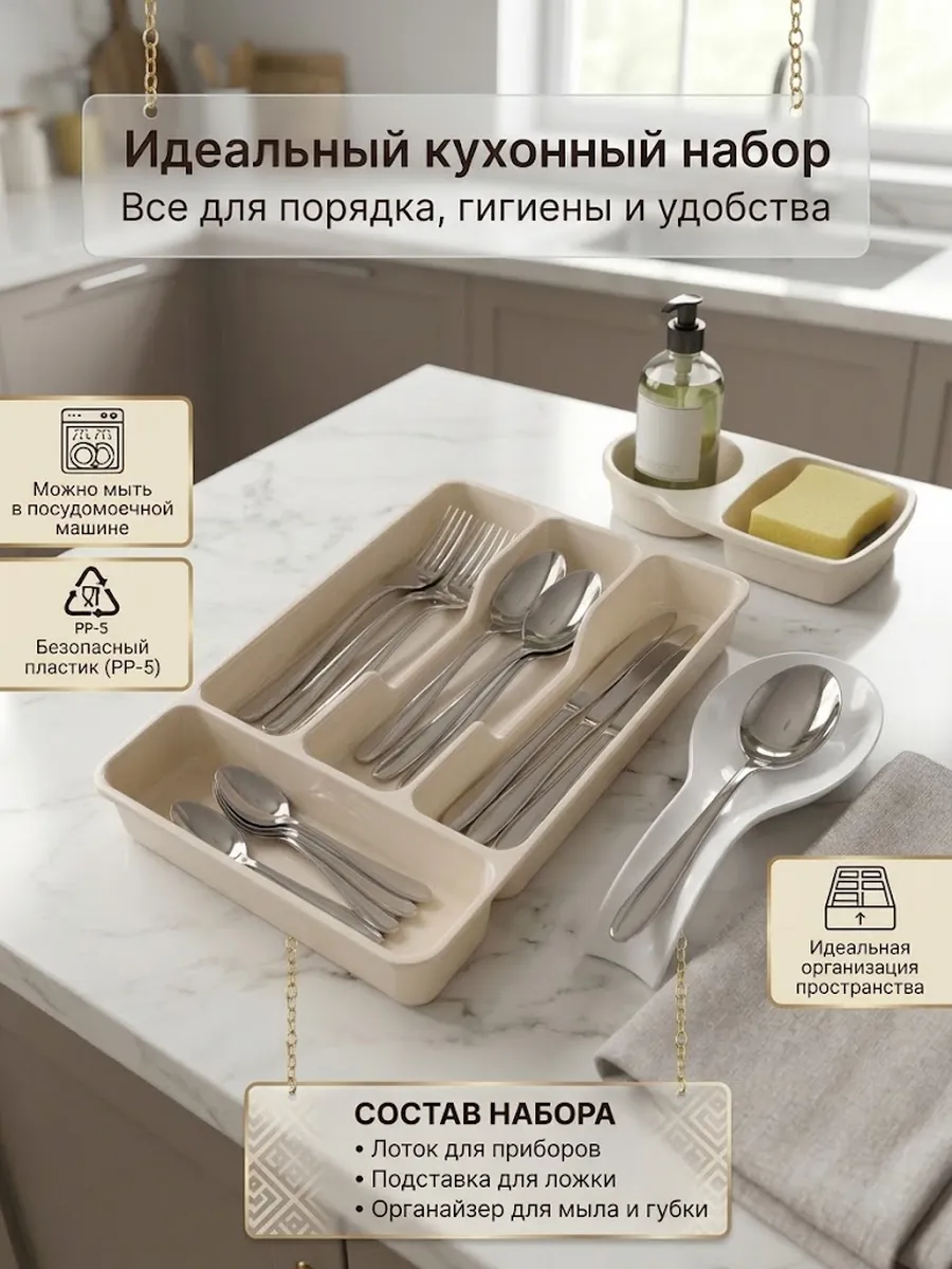 Набор 3в1: лоток для приборов, подставка для губки и ложки