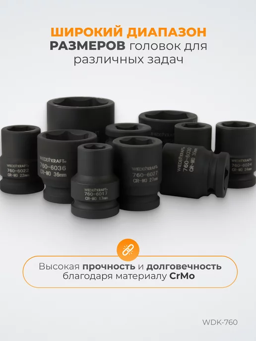 WIEDERKRAFT Набор головок ударных 1 2" 10-27 мм, 11 шт, 3 4 10 предметов, фото 2