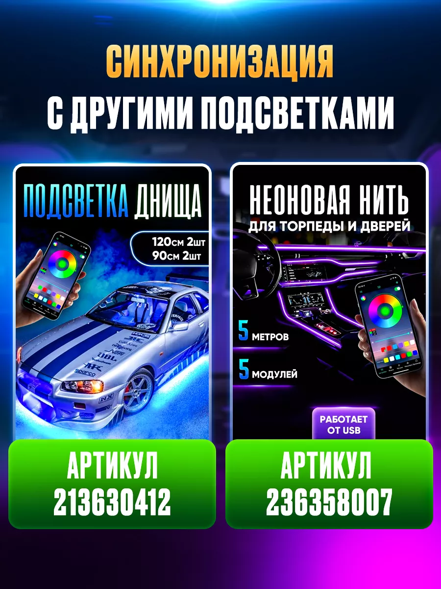 подсветка в машину салонa авто лента светодиодная неоновая HOUSEONE  91189977 купить за 592 ₽ в интернет-магазине Wildberries