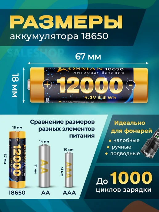 SaleShop Литий-ионный аккумулятор 18650 для фонарей 3 шт, 3 шт, фото 3