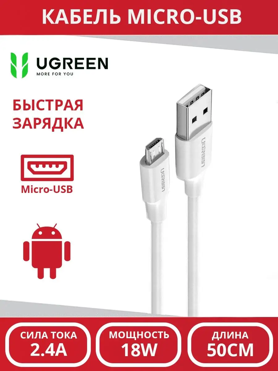 Кабель Micro-USB для зарядки телефона (микро юсб) Ugreen 92058743 купить за  265 ₽ в интернет-магазине Wildberries