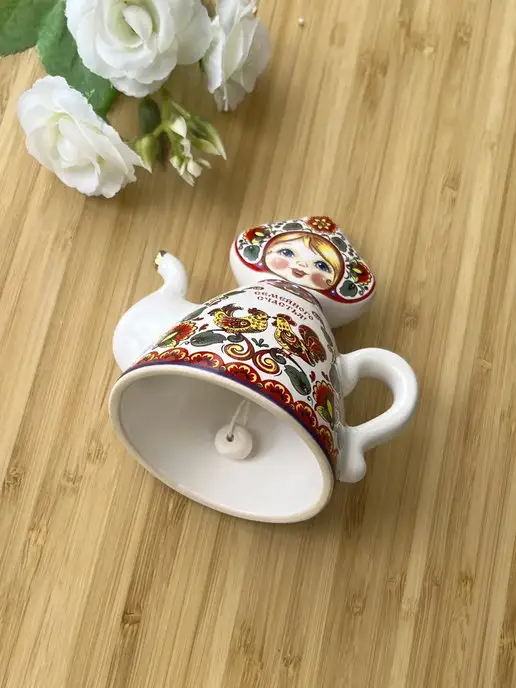 Керамика для души колокольчик сувенир Кукла на чайнике, красный, фото 3