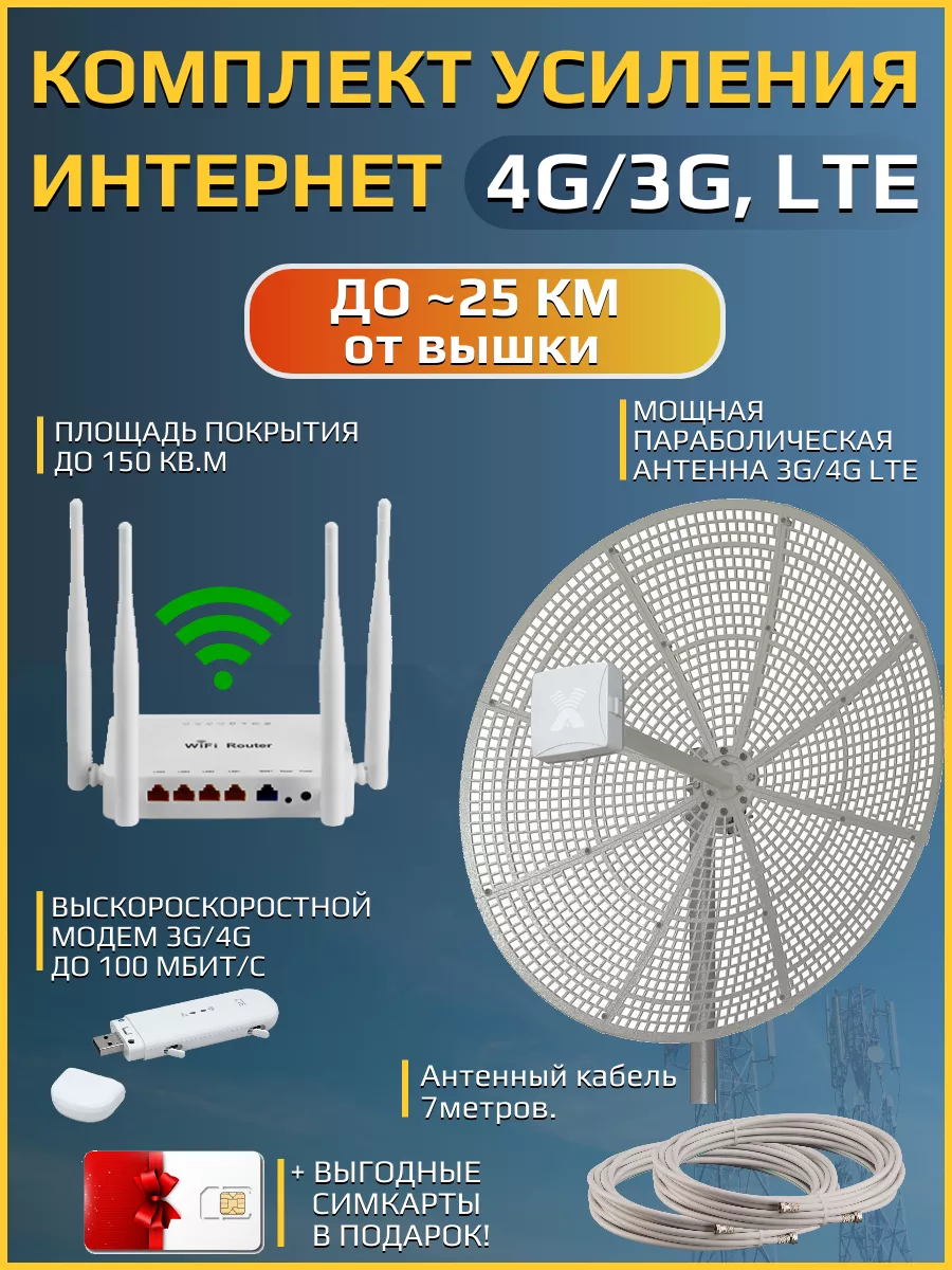 Комплект усиления сигнала мобильного интернет 3G, 4G LTE Антэкс 92492225  купить в интернет-магазине Wildberries