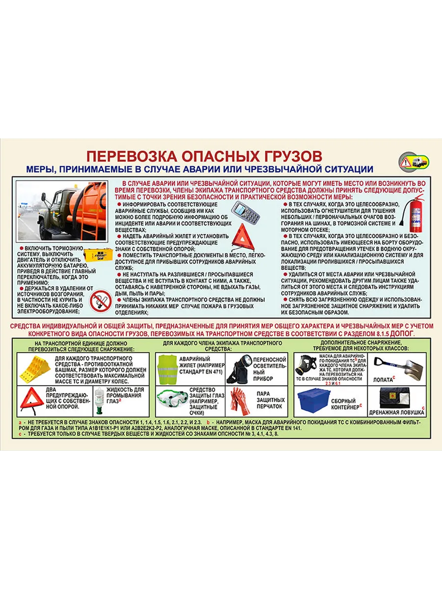 Плакат Перевозка опасных грузов. Меры, принимаемые в случае