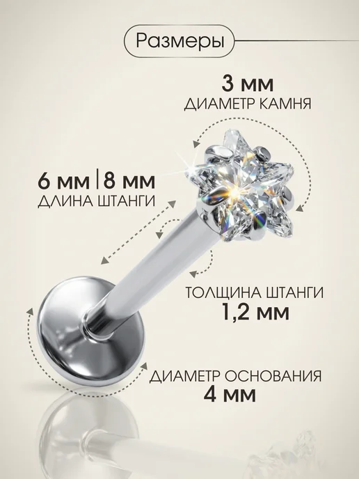 VLADI`S Пирсинг лабрет для уха серьга, серый, фото 3