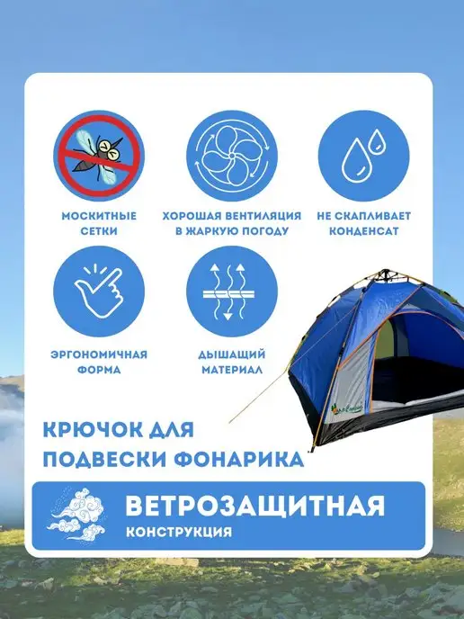 LanYu туристические палатки для пляжа, для рыбалки ТРЕХ-МЕСТНАЯ АВТОМАТИЧЕСКАЯ ПАЛАТКА ART-910-3, синий, фото 3