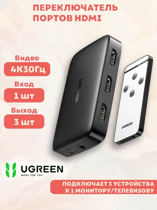 Ugreen 80125 Переключатель HDMI 3*1 Switcher CM332