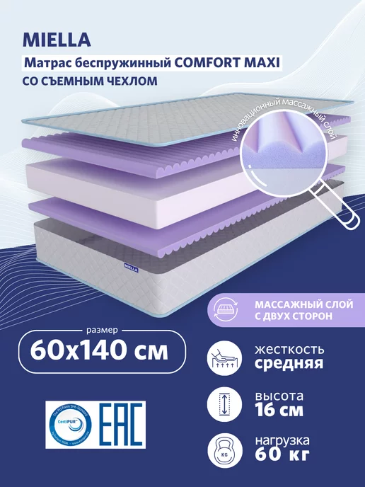 MIELLA Матрас 140х60 массажный беспружинный Comfort Maxi, 140x60
