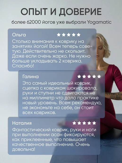 Yogamatic Коврик для йоги нескользящий каучуковый профессиональный, синий, фото 8
