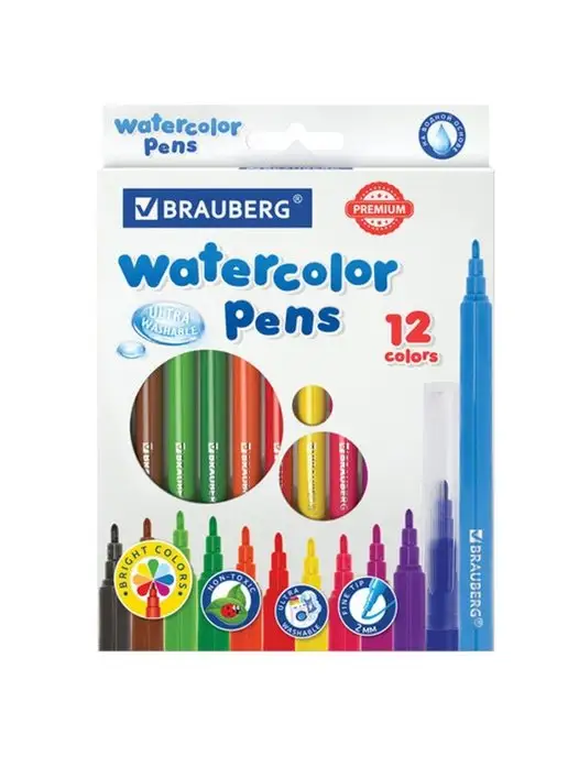 Brauberg Фломастеры, 12 цветов, УЛЬТРАСМЫВАЕМЫЕ, 12 цв.