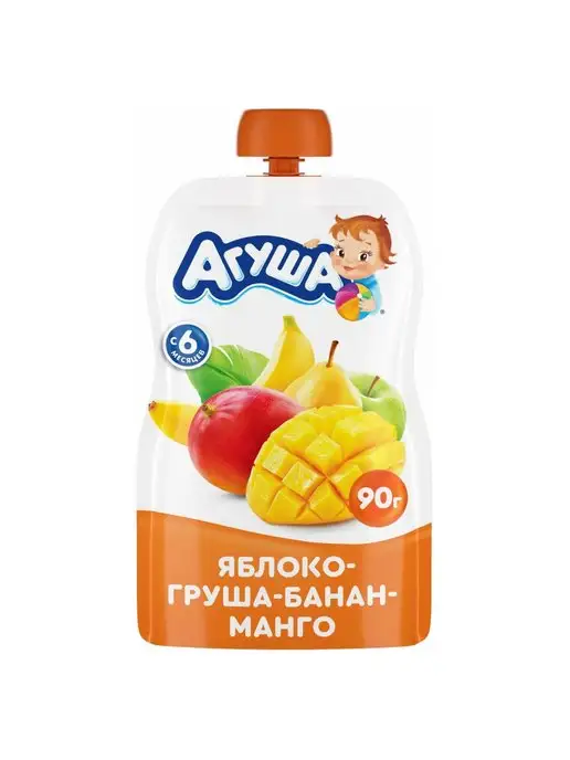 Агуша Пюре яблоко-груша-банан-манго 90г с 6месяцев 6шт, 90 г, 6 шт