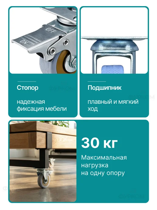 FurCom Колесо мебельное с тормозом D50 мм поворотное 4 шт, 4 шт, фото 3