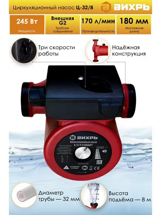 ВИХРЬ Циркуляционный насос для отопления Ц-32 8 СТАНДАРТ, вариант