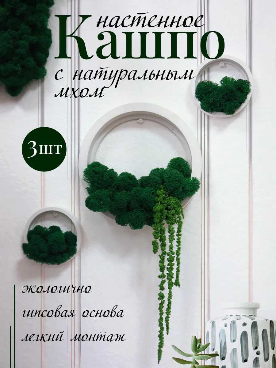 Кашпо настенное декоративное из гипса с мхом 10 и 20 см, 3шт
