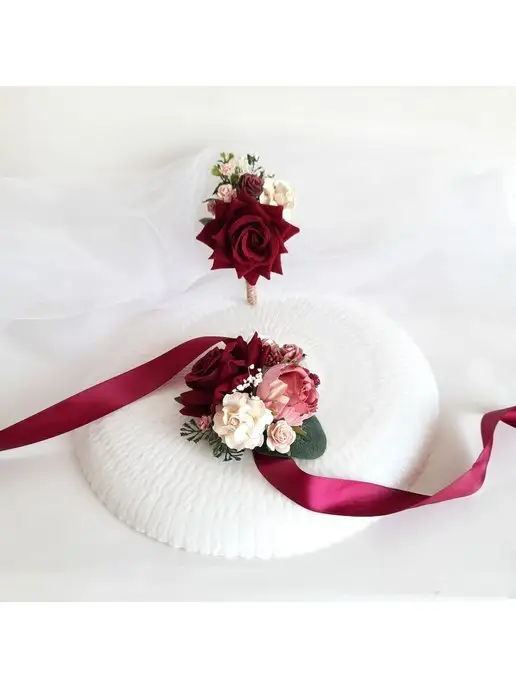 ReniWedding Комплект бутоньерка и браслет, красный