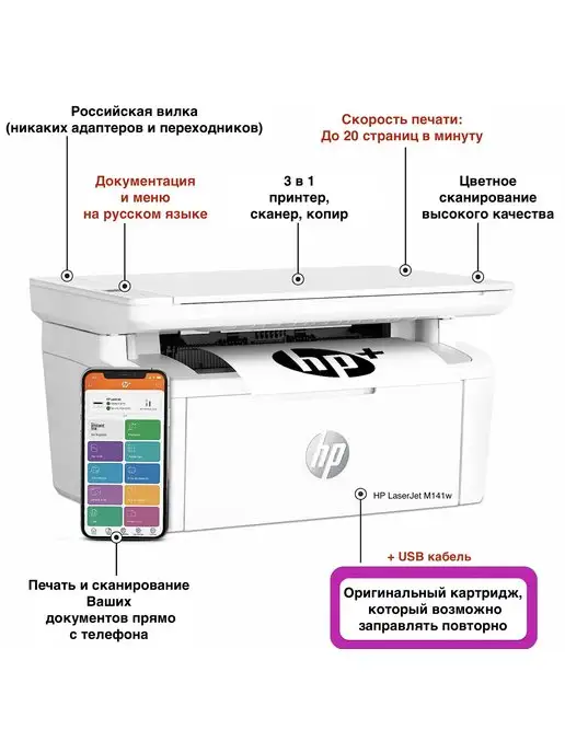 HP + Wi-Fi + USB кабель + МФУ LaserJet MFP M141w