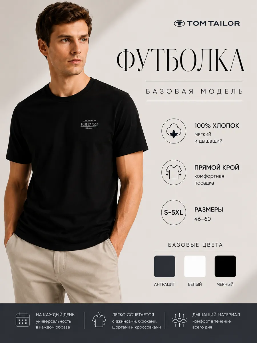 Футболка мужская базовая однотонная хлопок 100% прямая