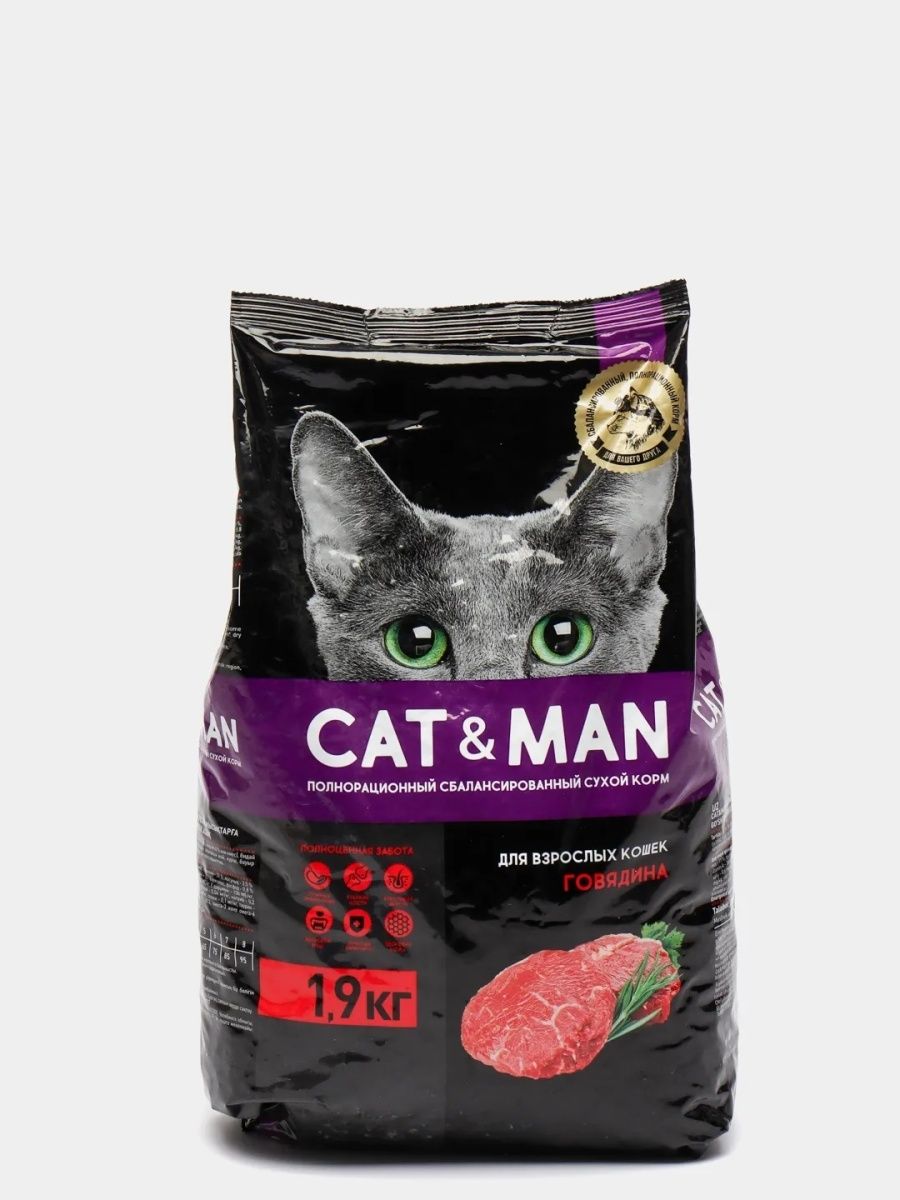 Сухой корм Cat&man для кошек, с говядиной, 1,9 кг гранулы