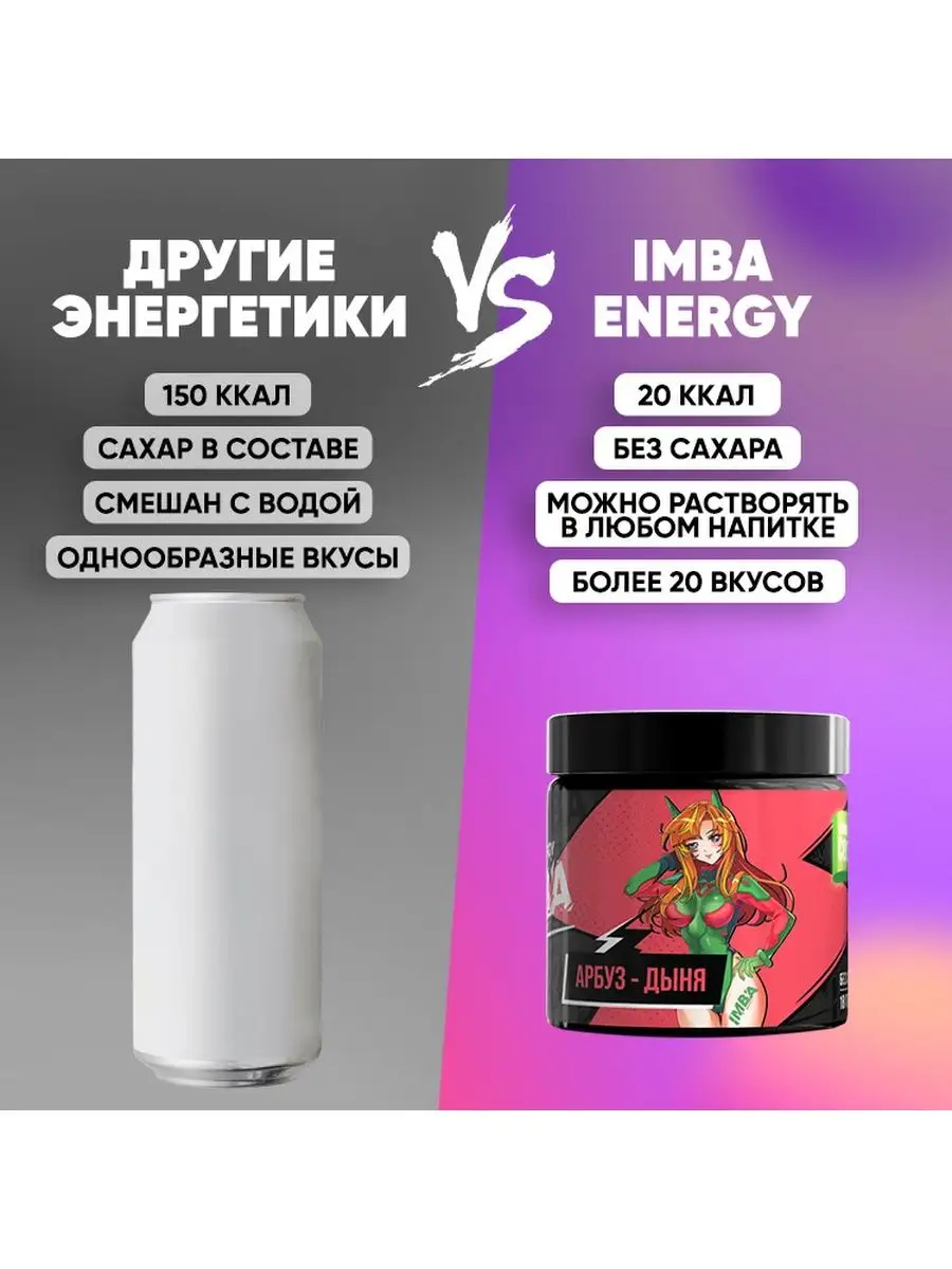 Энергетик в порошке без сахара Арбуз-дыня 198 г 18 порций Imba Energy  95672220 купить в интернет-магазине Wildberries