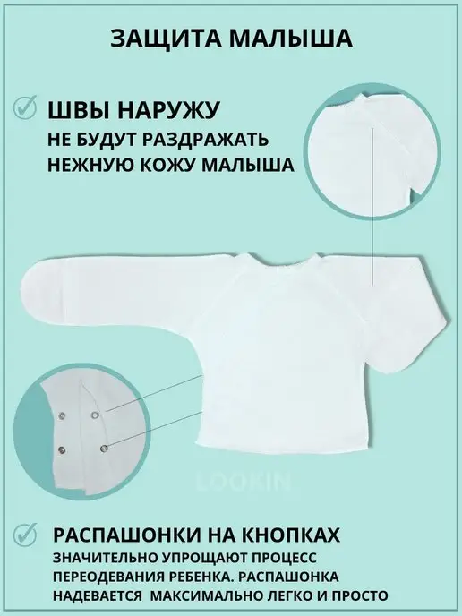 LOOKIN Распашонки для новорожденных на кнопках 3 шт антицарапки, 3 шт, фото 2