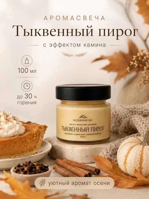 Рассеянный свет Свеча ароматическая с деревянным фитилем Тыквенный пирог, оранжевый