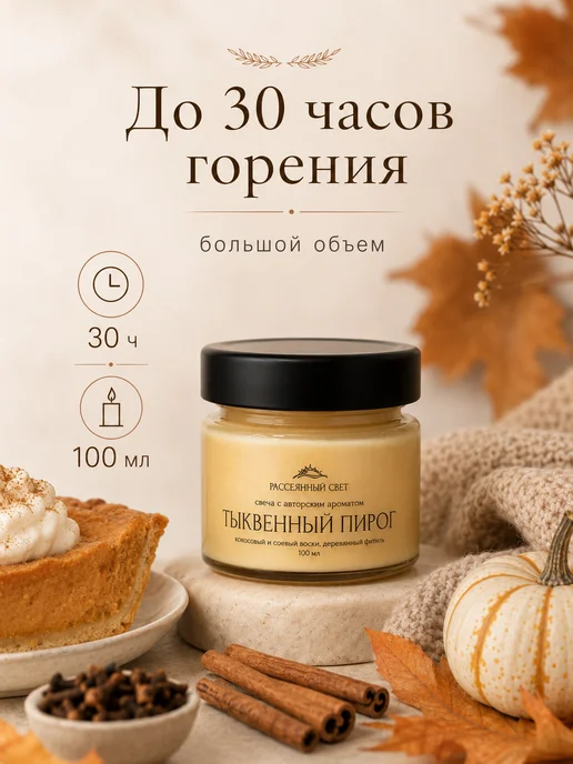 Рассеянный свет Свеча ароматическая с деревянным фитилем Тыквенный пирог, оранжевый, фото 4