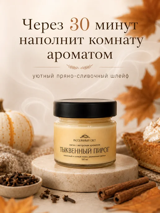 Рассеянный свет Свеча ароматическая с деревянным фитилем Тыквенный пирог, оранжевый, фото 6