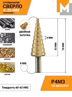 Сверло по металлу ступенчатое 4-20 мм HSS+Tin МАШЗАВОД 1 96627092 купить за 382 ₽ в интернет-магазине Wildberries