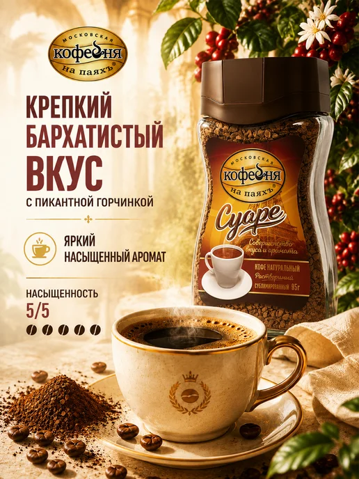 МОСКОВСКАЯ КОФЕЙНЯ НА ПАЯХЪ Кофе растворимый сублимированный Суаре 230гр, 95 г, фото 2