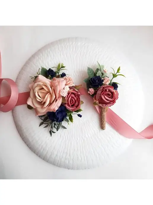 ReniWedding Свадебный комплект бутоньерка и браслет, синий