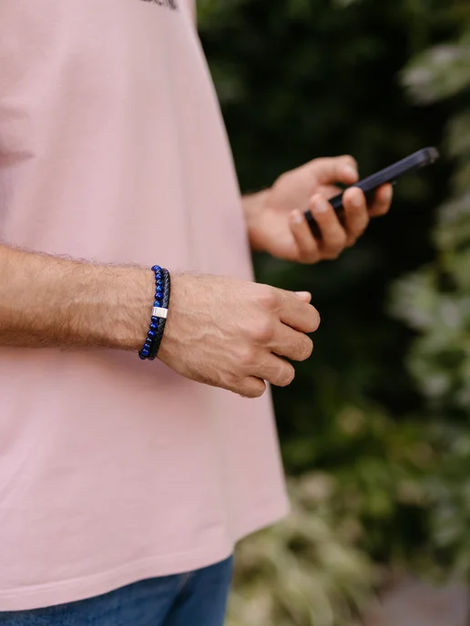 Dimbracelete Браслет мужской кожаный на руку из камней, синий, фото 4