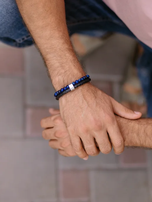 Dimbracelete Браслет мужской кожаный на руку из камней, синий, фото 5