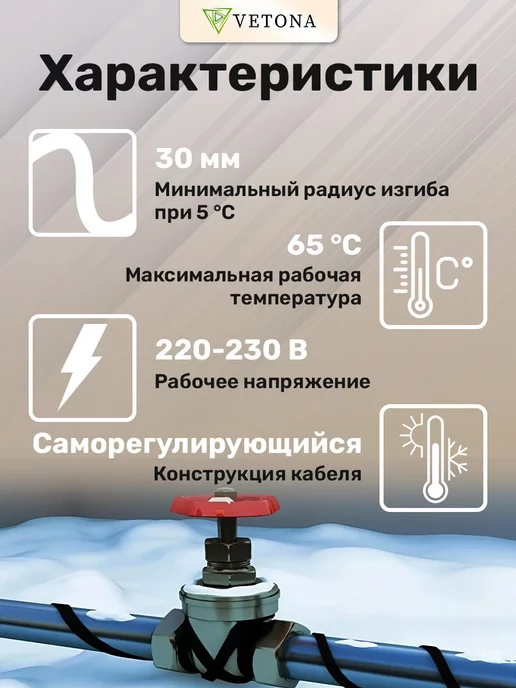 Vetona Кабель греющий на трубу NoFrost-30 2м, 1 м, фото 5