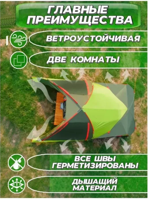 mircamping палатка туристическая 4 местная двухместная, зеленый, фото 3