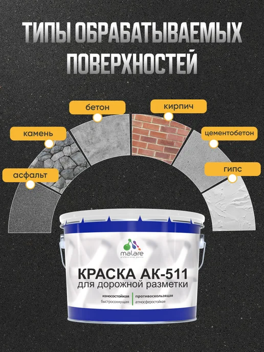 Malare Краска АК-511 для дорожной разметки, для пола 1,25 кг, 1,25 кг, фото 2