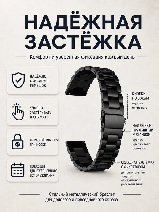 CaseTime Ремешок для часов 22 мм металл Huawei Watch Amazfit Garmin, черный, фото 6