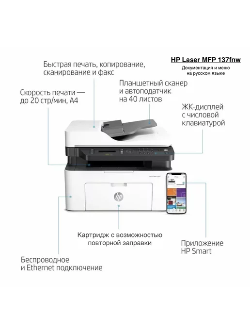 HP Русская версия МФУ LaserJet MFP 137fnw (4ZB84A) Wi-Fi, вариант, фото 2