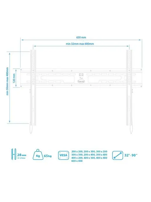 Kromax Кронштейн для телевизора 32"-90" настенный FLAT-1, черный, фото 7