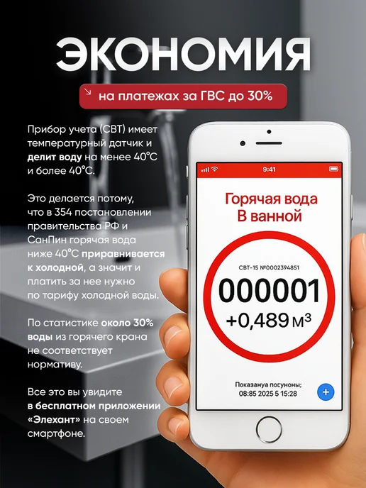 Элехант Счетчик воды универсальный СВТ15-110,Ду-15мм,L=110мм,без КМЧ, белый, фото 2