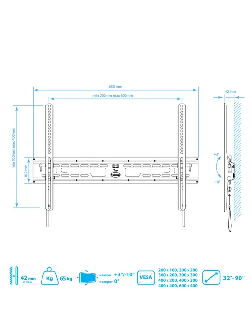 Kromax Кронштейн для телевизора 32"-90" настенный FLAT-2, черный, фото 6