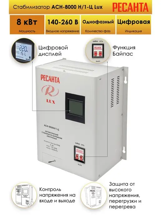 РЕСАНТА Стабилизатор напряжения однофазный АСН- 8 000 Н 1-Ц Lux, вариант