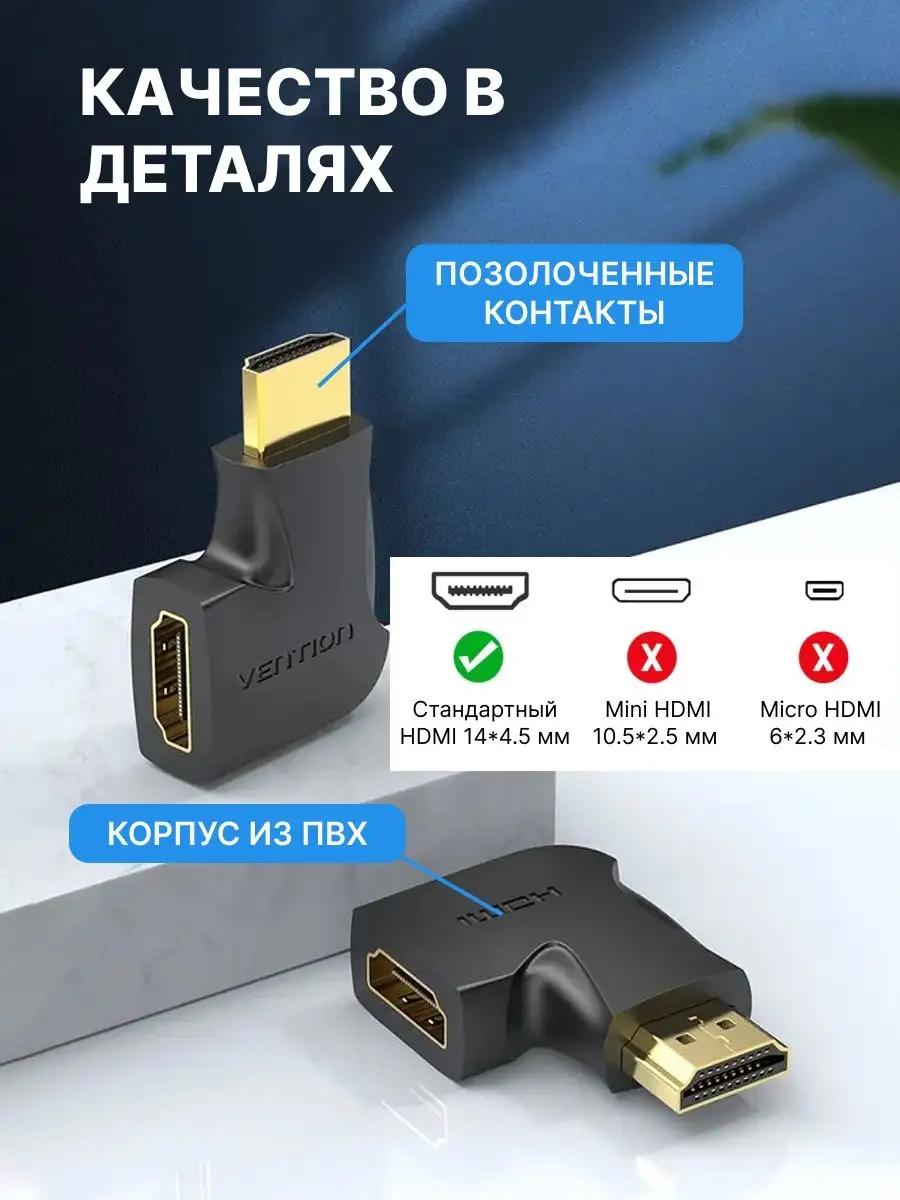 Переходник к монитору г-образный HDMI 2.0 M F, угол 90 Vention 97809521  купить за 356 ₽ в интернет-магазине Wildberries