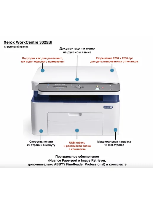 Xerox 3025BI Workcentre МФУ + USB кабель + Wi-Fi