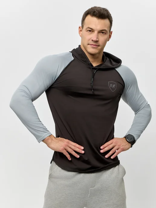 FIERY GLOW sport Лонгслив мужской спортивный термо с капюшоном черный, черный