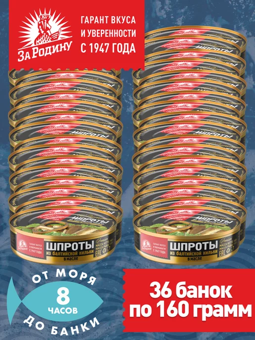 ЗА РОДИНУ Шпроты балтийские 36 банок по 160гр ГОСТ, 160 г