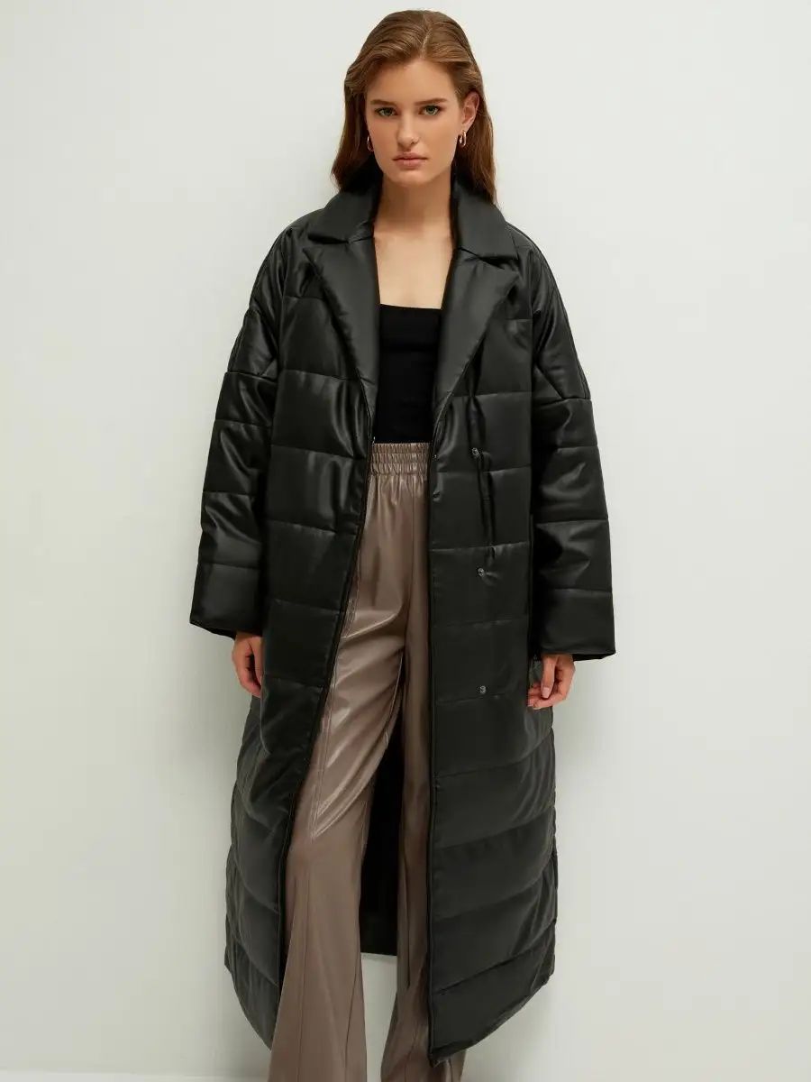 Дутое пальто из экокожи цвет: черный, артикул: – купить в интернет-магазине sela