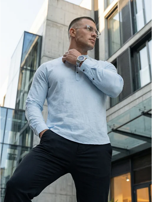 PONOTE Рубашка льняная с длинным рукавом, голубой, фото 4